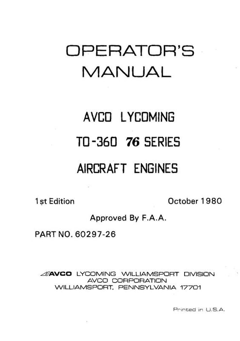 Lycoming TO-360-E 76 Series, 1980 Operator's Manual (60297-26)