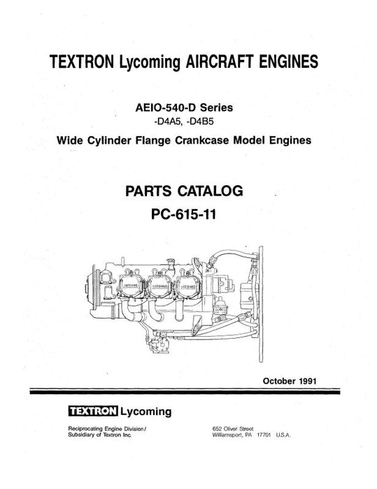 Lycoming AEIO-540-D4A5,-D4B5 1991 Parts Catalog PC-615-11 (PC-615-11)