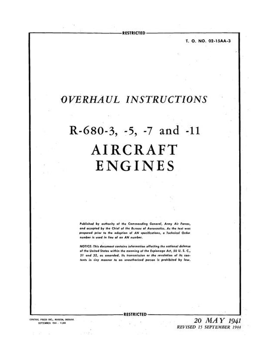 Lycoming R-680-3,-5,-7,&-11 Overhaul Instructions (02-15AA-3)