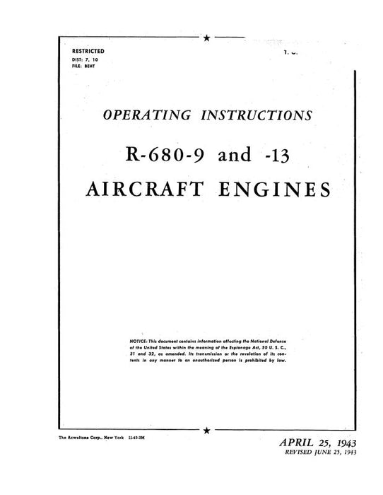 Lycoming R-680-9,-13 1943 Operating Manual (02-15AB-1)