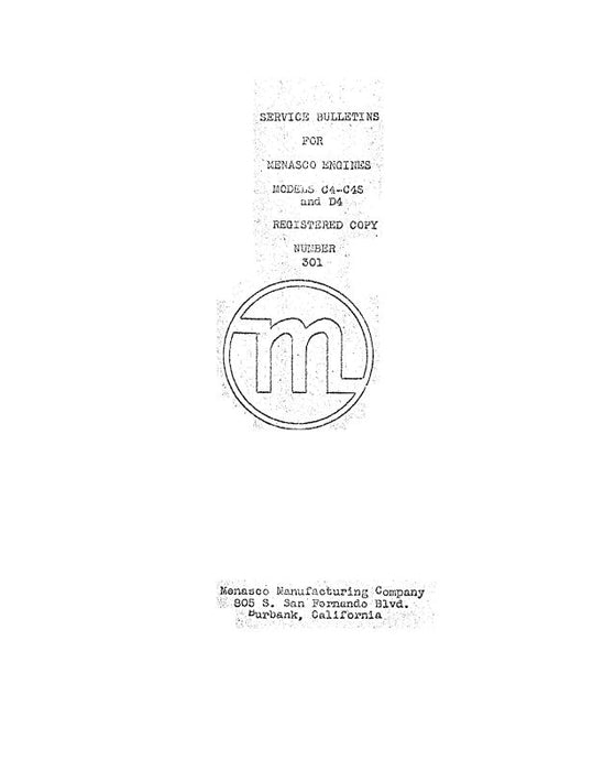Menasco Manufacturing Company C4, C4S & D4 Menasco Engines Service Letters & Bulletins (MFC4,D4-SLB-C)