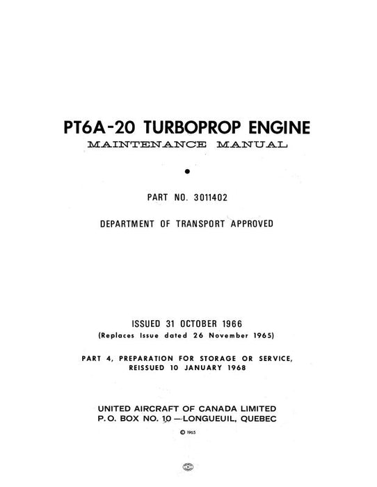 Pratt & Whitney Aircraft PT6A-20 Turboprop Engine Maintenance Manual (3011402)
