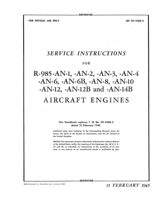 Pratt & Whitney Aircraft R-985 Series 1940 Service Instructions (02-10AB-2)