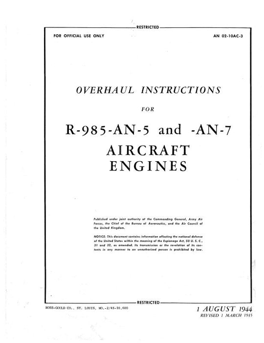 Pratt & Whitney Aircraft R985-AN-5, AN-7 Overhaul Instructions (02-10AC-3)