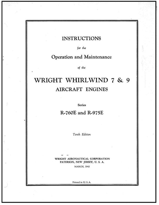 Wright Aeronautical Whirlwind 7,9  R-760E & R-975E Installation, Operation, Maintenance (WR7,9-42-M-C)