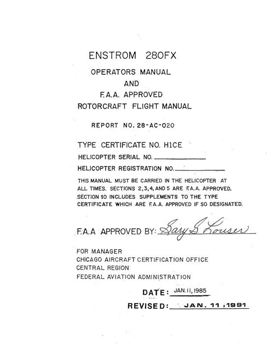 Enstrom 280FXHelicopter 1985 Operators Manual & Approved Flight Manual (28-AC-020)