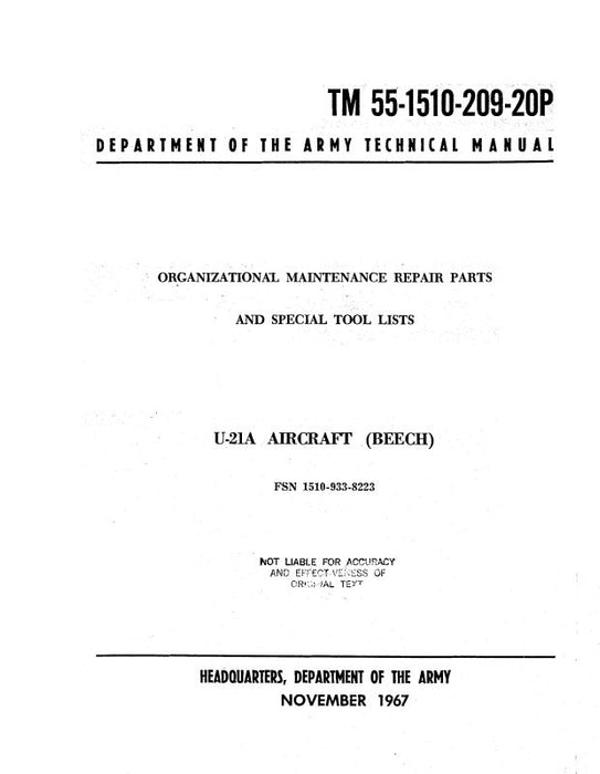 Beech U-21A Series Organizational Parts & Tool List (55-1510-209-20P)