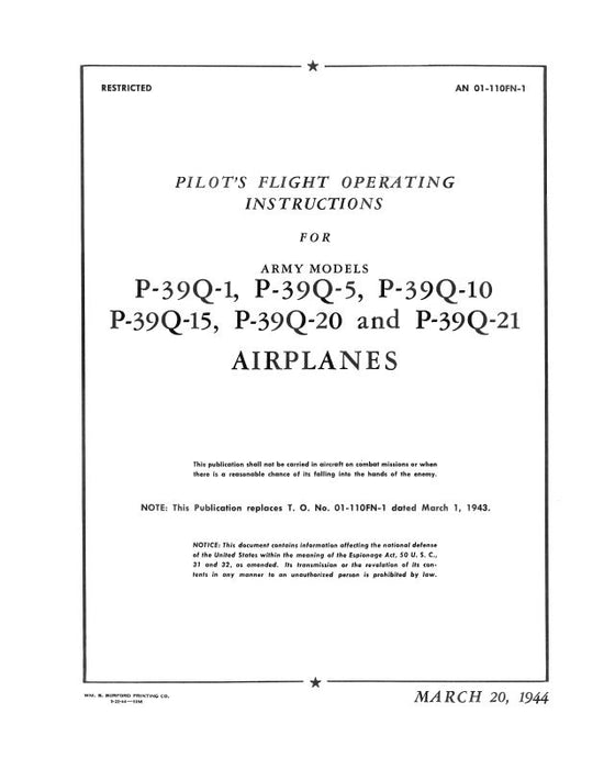 Bell P-39Q-1,5,10,15,20,21 1944 Pilot's Flight Operating Instructions Manual (01-110FN-1)