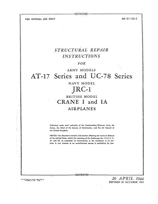 Cessna AT-17 & UC-78 1944 Structural Repair Instructions In Color (01-125-3)