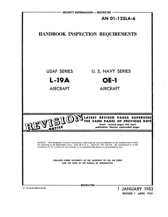 Cessna L-19A (Navy OE-1) 1953 Handbook Inspection Requirements (01-125LA-6)