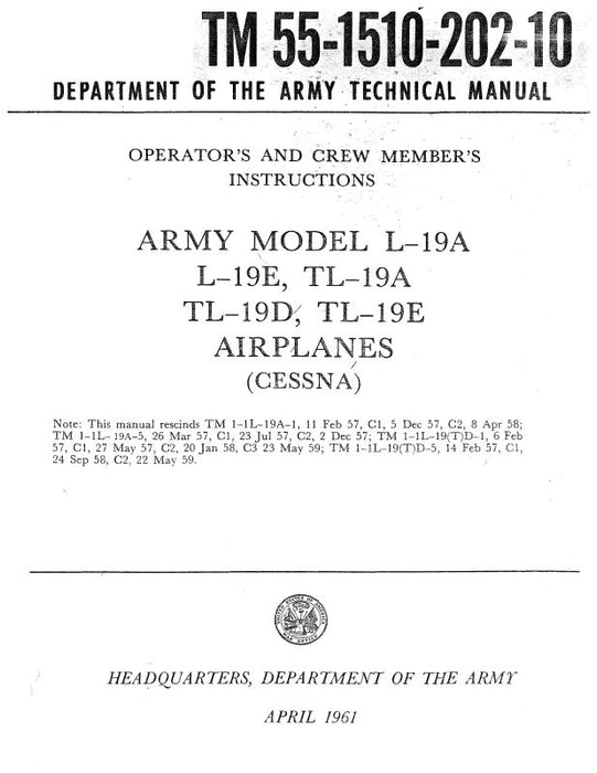 Cessna L-19 Series 1961 Operator's & Crew Member's Instructions (55-1510-202-10)