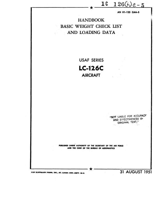 Cessna LC-126C 1951 Handbook Basic Weight Checklist & Loading Data (01-125-CAA-5)