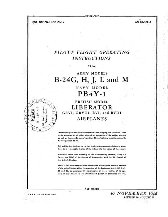 Consolidated B-24G, H, J, L, M Flight Manual (01-5EE-1)
