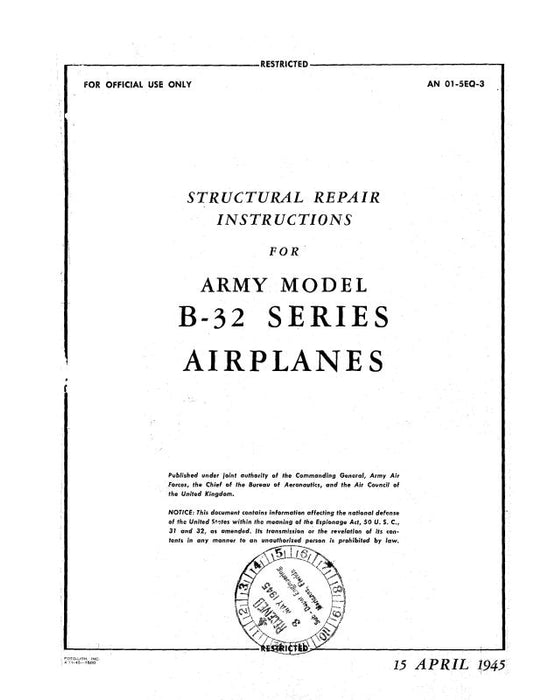 Consolidated B-32 Army Model 1945 Structural Repair Instructions (01-5EQ-3)