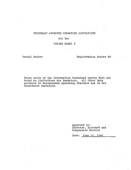 Culver Aircraft Corporation Model V 1946 Operating Limitations (CUV-46-OP-C)