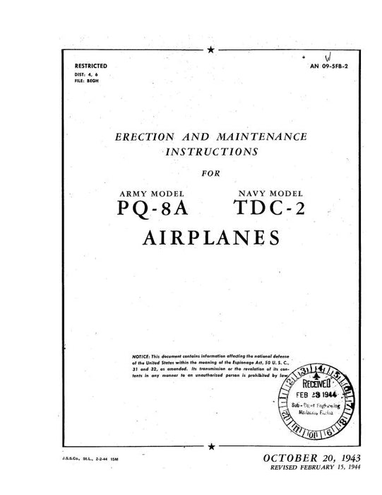 Culver Aircraft Corporation PQ-8A Army & TDC-2 Navy 1943 Erection & Maintenance Instructions (09-5FB-2)