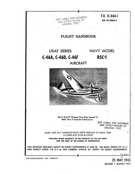Curtiss-Wright C-46A,D,F Army 1945 Flight Handbook (1C-46A-1)