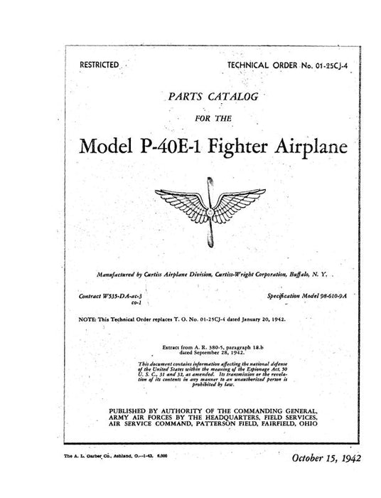 Curtiss-Wright P-40E-1 Fighter Airplane 1942 Parts Catalog (01-25CJ-4)