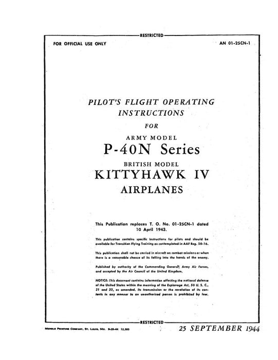 Curtiss-Wright P-40N Army 1944 Pilot's Flight Operating Instructions (01-25CN-1)