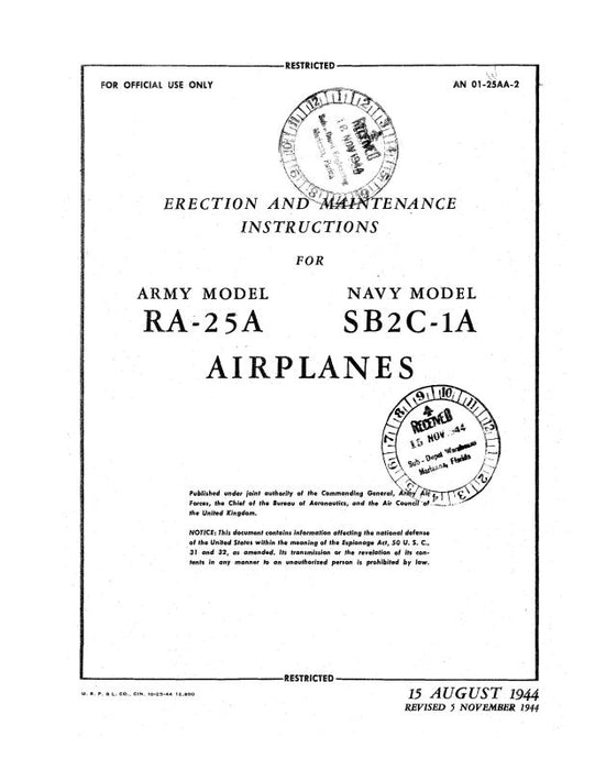 Curtiss-Wright RA-25A Army 1944 Erection & Maintenance Instructions (01-25AA-2)