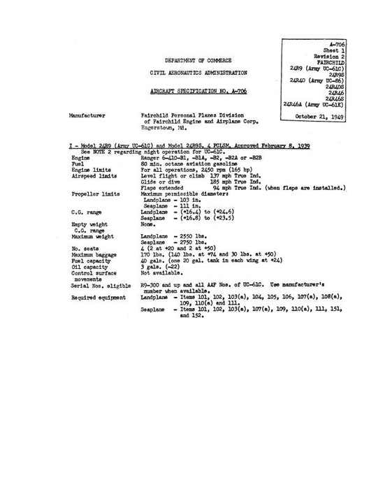 Fairchild 24R9,S (Army UC-61C) 1949 Aircraft Specification (SPEC.-NO.-A-706)