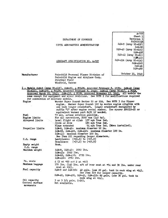 Fairchild Revision 1 1949 Aircraft Specification (SPEC.-NO.-A-707)