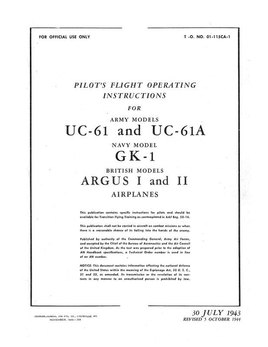 Fairchild UC-61,61A Army 1943 Pilot's Flight Operating Instructions (01-115CA-1)