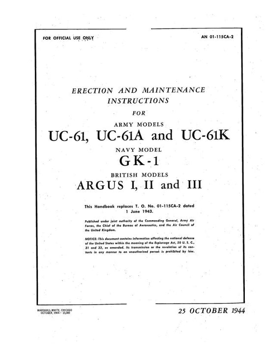 Fairchild UC-61,61A,61K Army Model 1944 Maintenance & Erection (01-115CA-2)