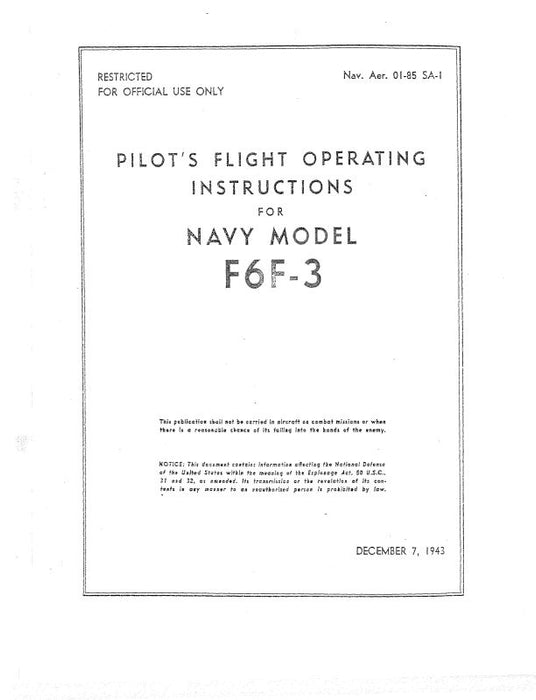Grumman F6F-3 Hellcat 1943 Flight Operating Handbook (01-85-SA-1)