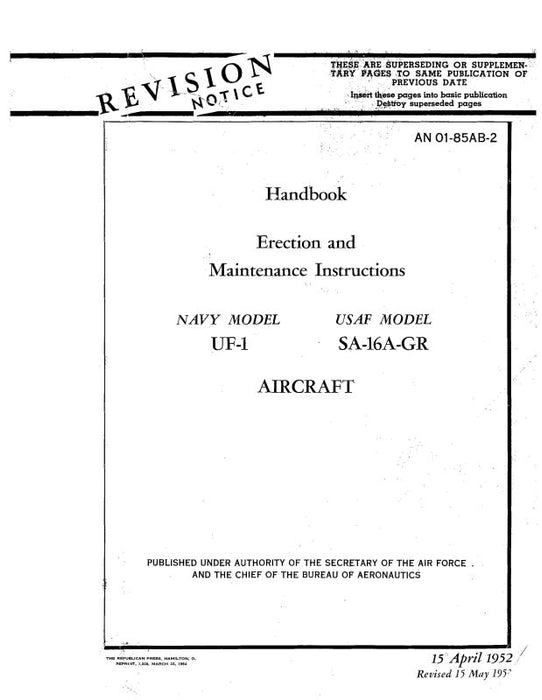 Grumman UF-1,-1G,-1T Navy Models 1952 Erection & Maintenance Instructions (01-85AB-2)