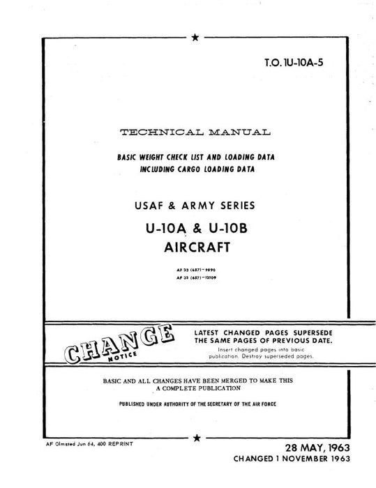 Helio Aircraft Corporation U-10A, B USAF & Army 1963 Basic Weight Checklist & Loading Data (1U-10A-5)