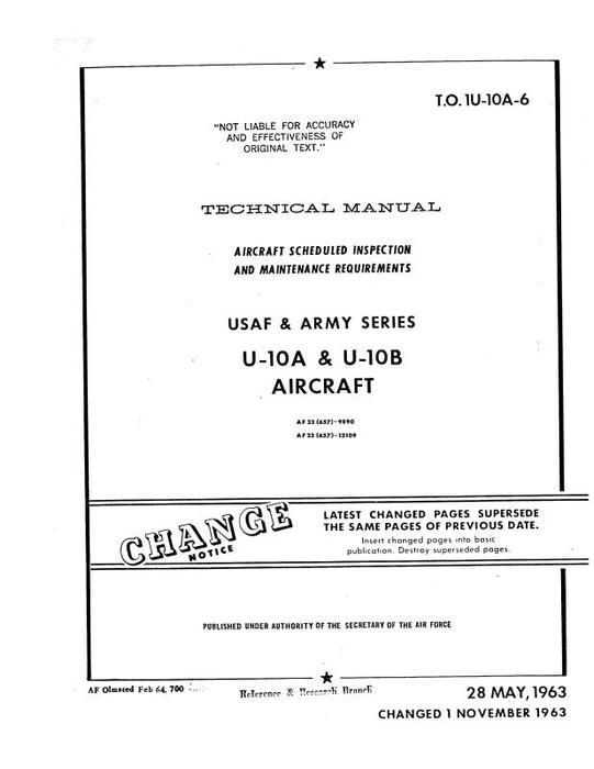 Helio Aircraft Corporation U-10A, B USAF & Army 1963 Inspection & Maintenance Requirements (1U-10A-6)