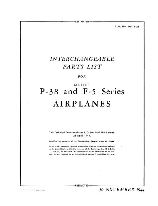 Lockheed P-38 & F-5 1944 Interchangeable Parts List Manual (T.O.NO.01-75-28)