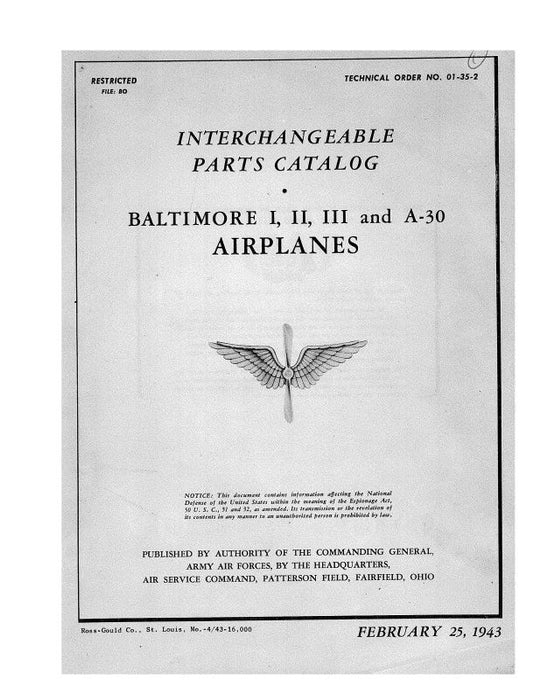 Martin Baltimore I,II,III, A-30 1943 Interchangeable Parts Catalog (01-35-2)