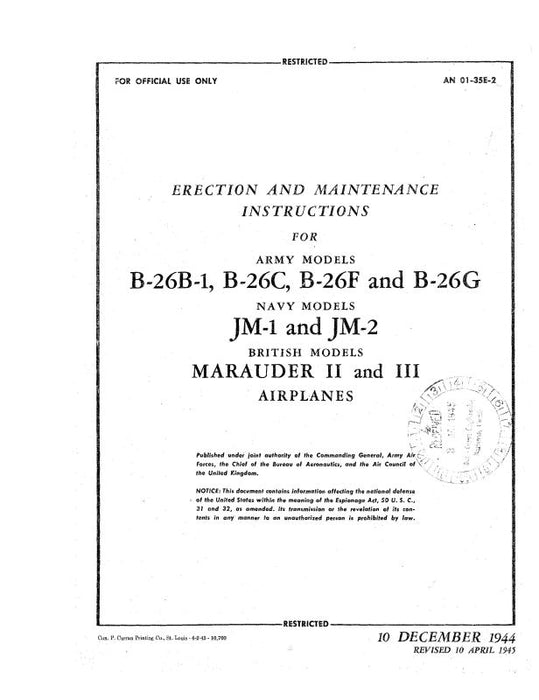 Martin B-26B-1, B-26C,F,G 1944 Erection & Maintenance Instructions (01-35E-2)