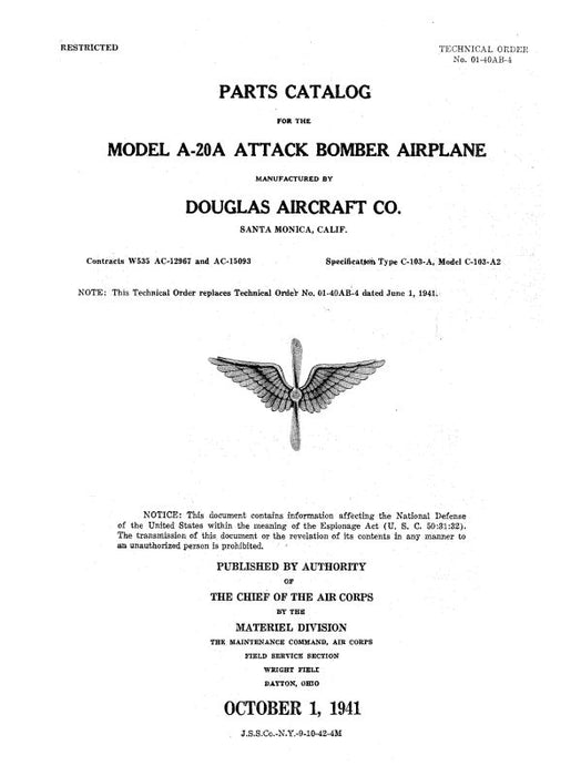 McDonnell Douglas A-20A Attack Bomber Airplane Parts Catalog (01-40AB-4)