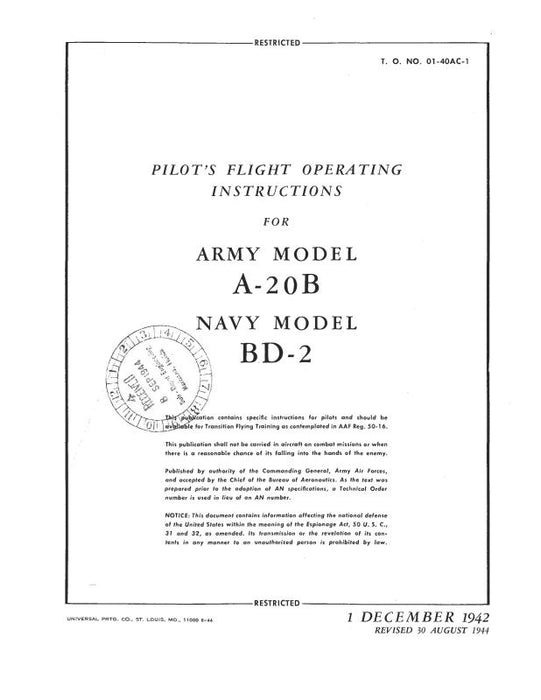 McDonnell Douglas A-20B Army, BD-2 Navy 1942 Pilot's Flight Operating Instructions (01-40AC-1)