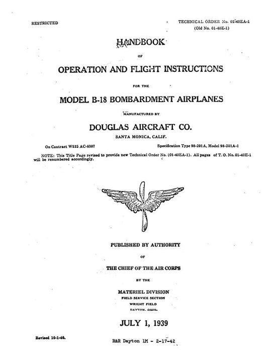 McDonnell Douglas B-18 Bombardment Airplanes1939 Operation & Flight Instructions (01-40EA-1)