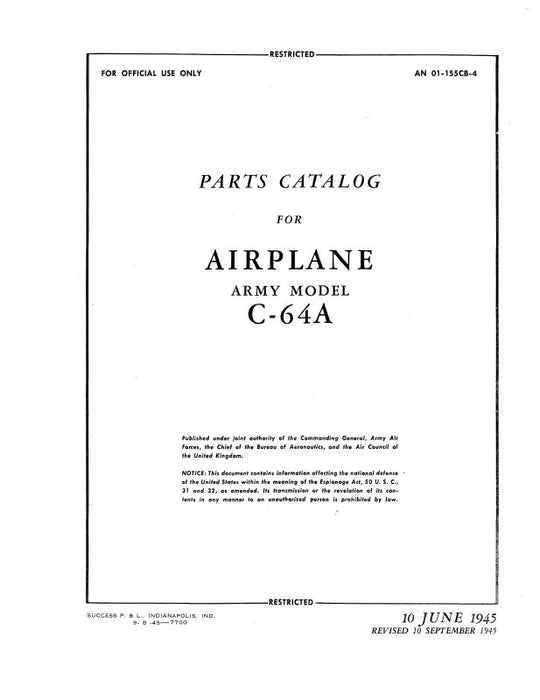 Noorduyn Aviation Norseman C-64A 1945 Parts Catalog & Basic Weight Checklist and Loading Data (01-155CB-4, -5)