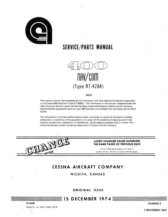 Cessna 400 Nav-Com RT-428A 1974 Maintenance & Parts Manual (D4542-13)