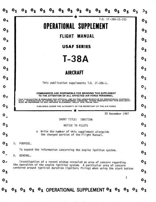 Northrop Aircraft Inc. T-38A 1987 Operational Supplement Flight Manual (1T-38A-1S-153)