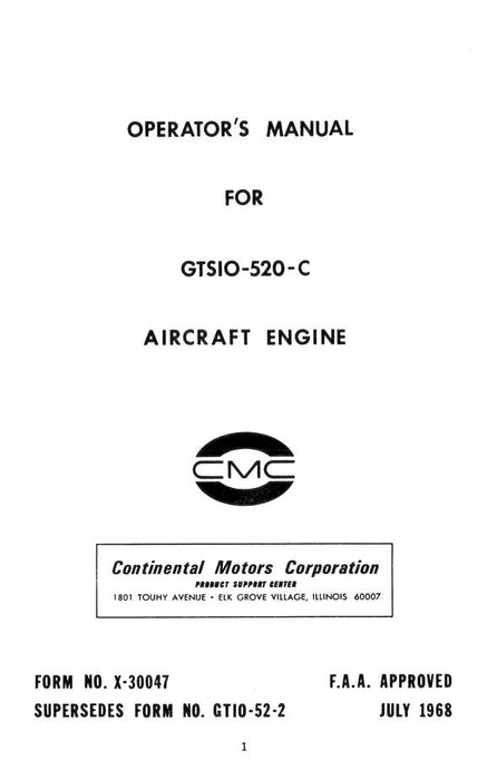 Continental Series GTSIO-520-C Operator's Manual 1968 (X-30047)