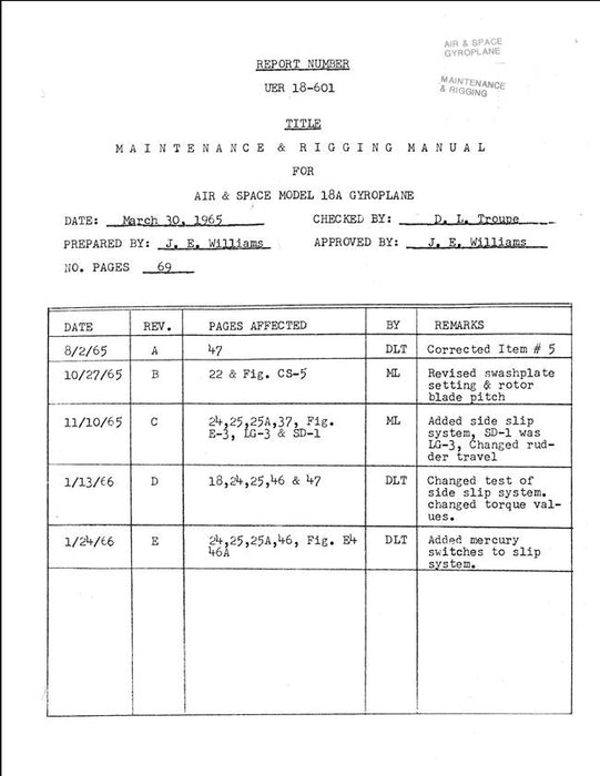 Air & Space Model 18A Gyroplane Maintenance & Rigging Manual 1965 (Report No. UER 18-601)