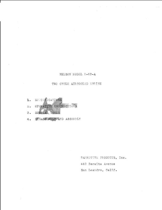 Nelson H-63-A 2 Cycle Engine Specifications, Operation, Special Tools, Disassembly & Assembly Manual