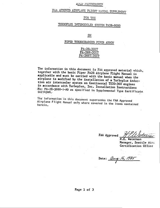 Piper PA-28-201T, 28R-201T, 28RT-201T Turbocharged Arrow Turboplus Intercooler System PA28-9000 Flight Manual Supplement