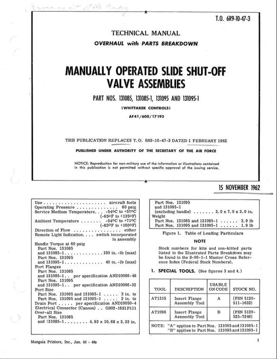 Whittaker Manually Operated Slide Shut-Off Valve Assemblies 1962 Overhaul-Parts Technical Manual (T.O. 6R9-10-47-3)