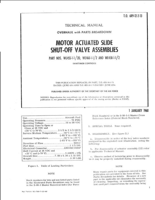 Whittaker Motor Actuated Slide Shut-off Valve Assemblies Overhaul & Parts Technical Manual (T.O. 6R9-12-2-13)