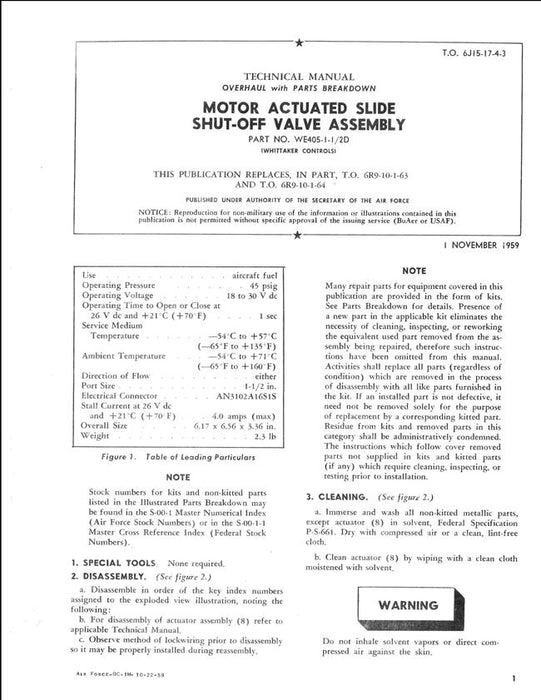 Whittaker Motor Actuated Slide Shut-off Valve Assembly 1959 Overhaul & Parts Technical Manual (T.O. 6J15-17-4)