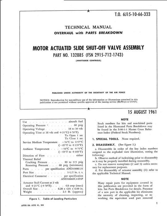 Whittaker Motor Actuated Slide Shut-off Valve Assembly 1961 Overhaul & Parts Technical Manual (T.O. 6J15-10-66-333)