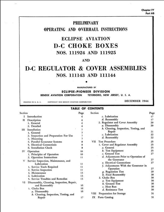 Eclipse-Pioneer D-C Choke Boxes Nos. 111924, 111925 & D-C Regulator & Cover Assemblies Nos. 111143, 111144 Preliminary Operating & Overhaul Instructions (Chapter 77 Part AB)